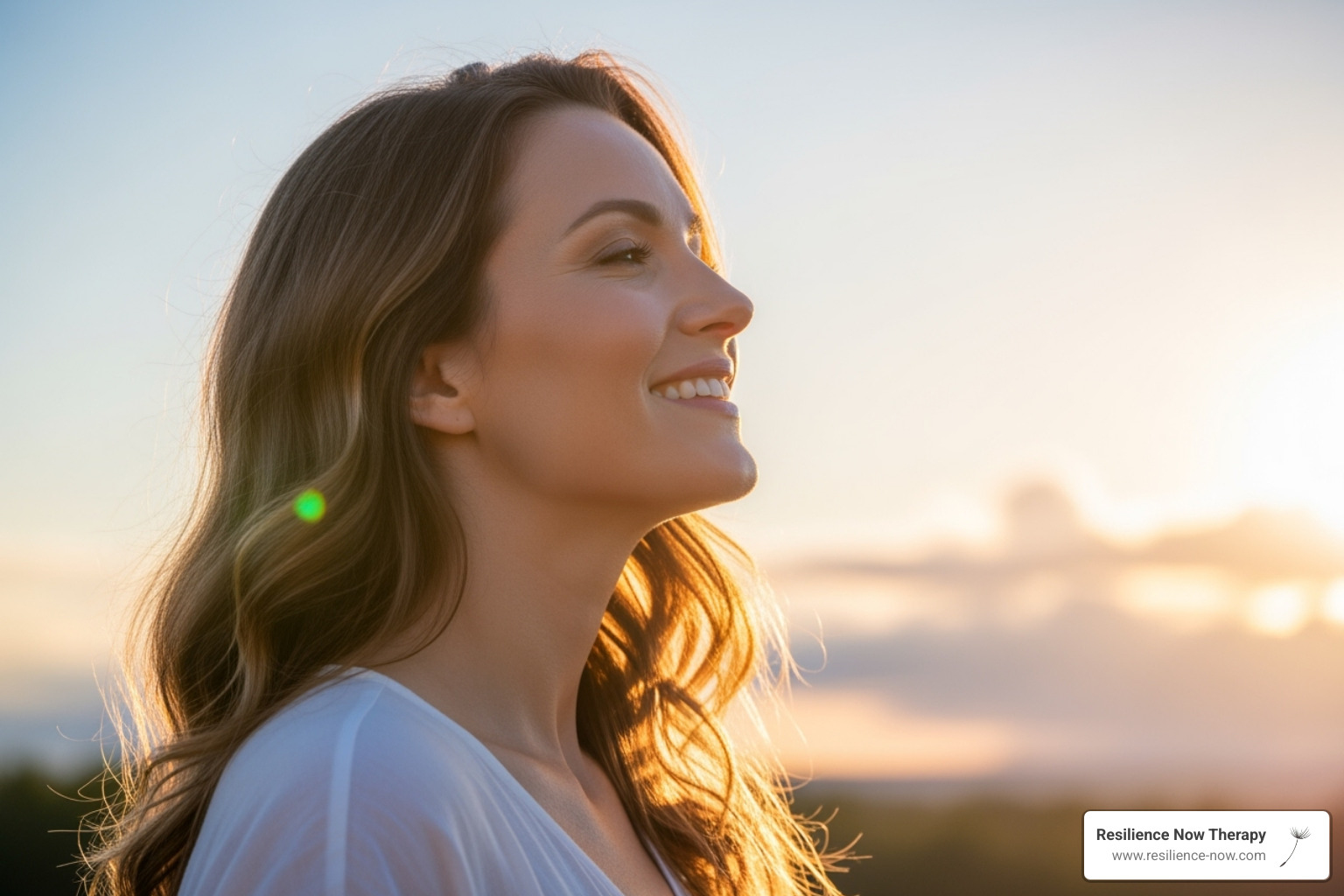 A woman smiling peacefully, looking towards the future, symbolizing hope and healing - intensive therapy sessions calgary