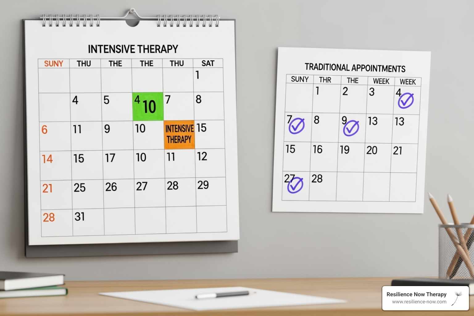 A calendar showing a block of days dedicated to therapy versus weekly appointments, illustrating the concentrated nature of intensive therapy - intensive therapy sessions calgary