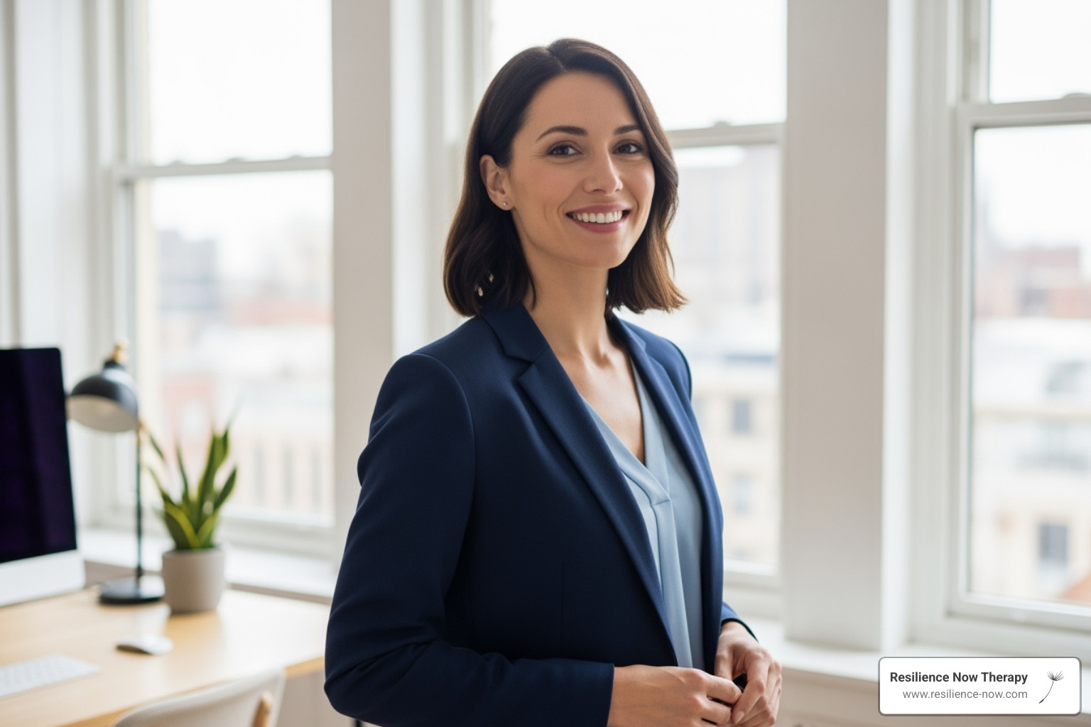 A woman looking relieved and empowered in a professional setting, symbolizing the positive outcomes of intensive therapy - intensive therapy sessions calgary