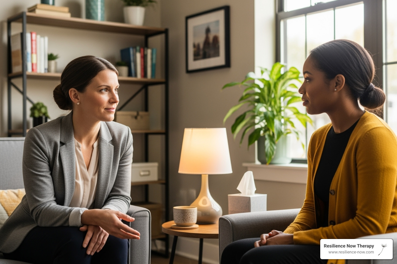 A warm, professional female therapist, with a calm and empathetic expression, engaged in a supportive conversation with a multicultural female client in a comfortable, well-lit therapy office. They are seated in armchairs, facing each other, maintaining professional distance with no physical contact. - trauma therapy Calgary