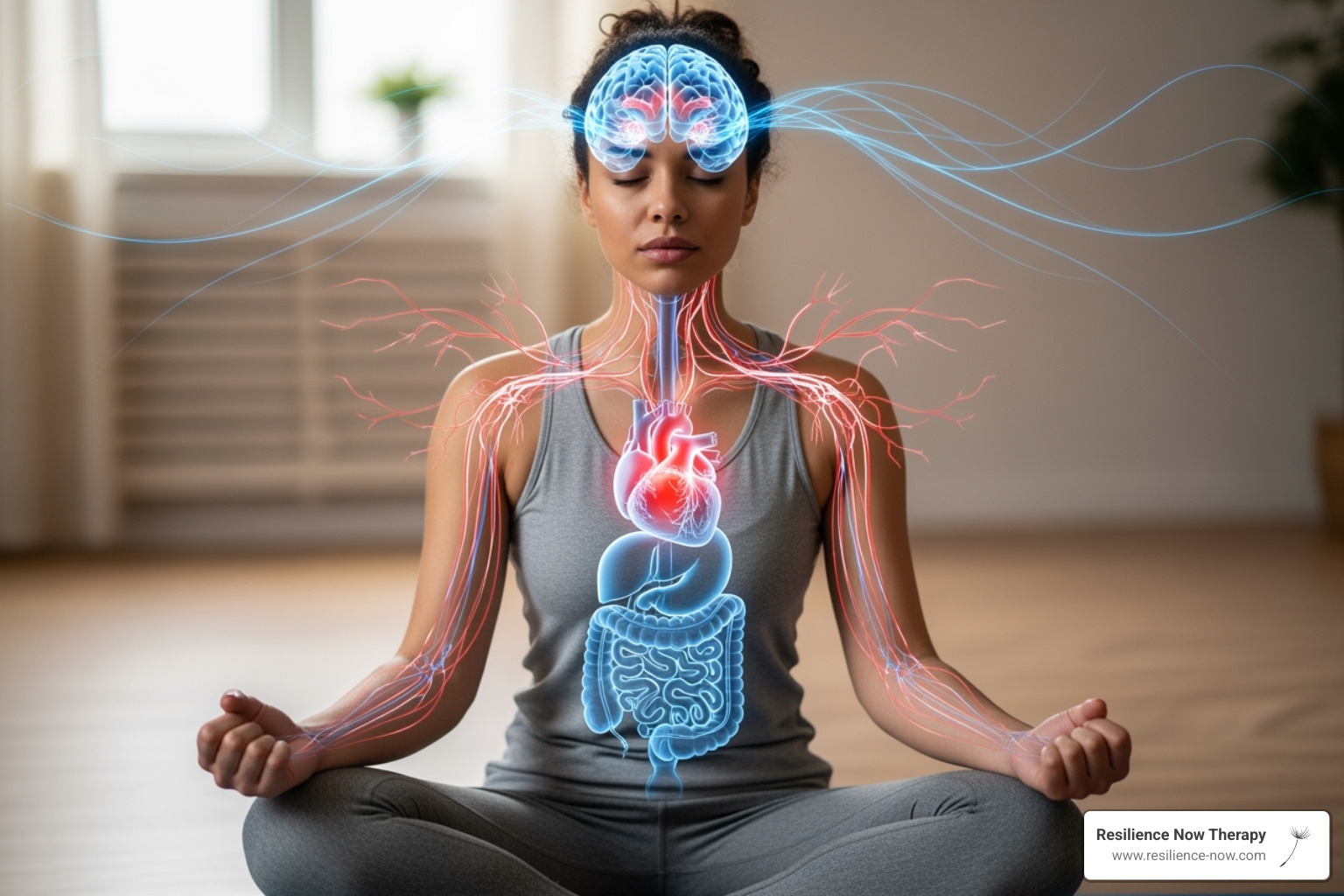A diverse woman sitting thoughtfully, with subtle visual cues indicating the brain's neural pathways and stress responses connecting to various parts of the body - trauma therapy Calgary