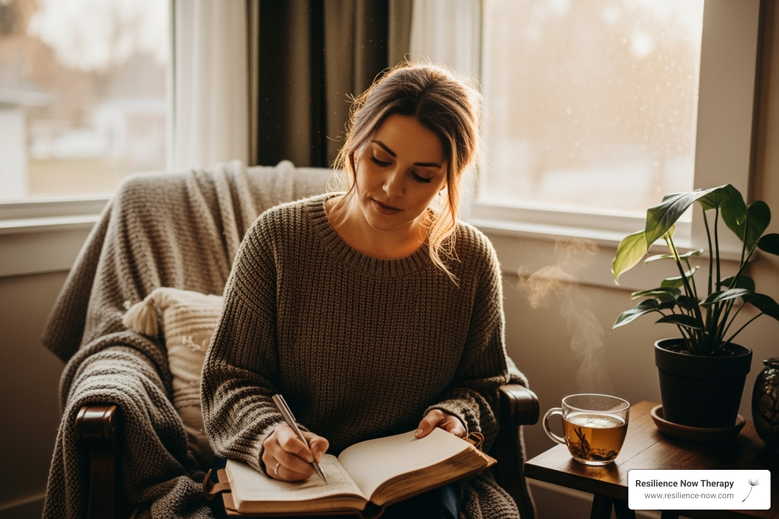 A woman journaling thoughtfully in a comfortable space, reflecting on her inner world - intensive therapy sessions calgary