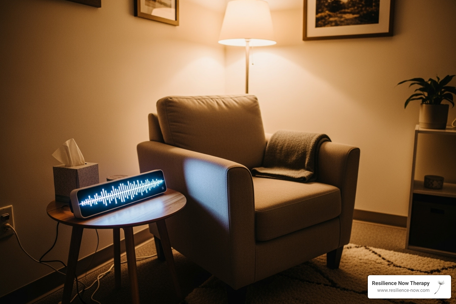 A comfortable and safe therapy space, featuring a lightbar for EMDR therapy, a cozy armchair, and a small table with a box of tissues, all in a warm, inviting setting - trauma therapy Calgary
