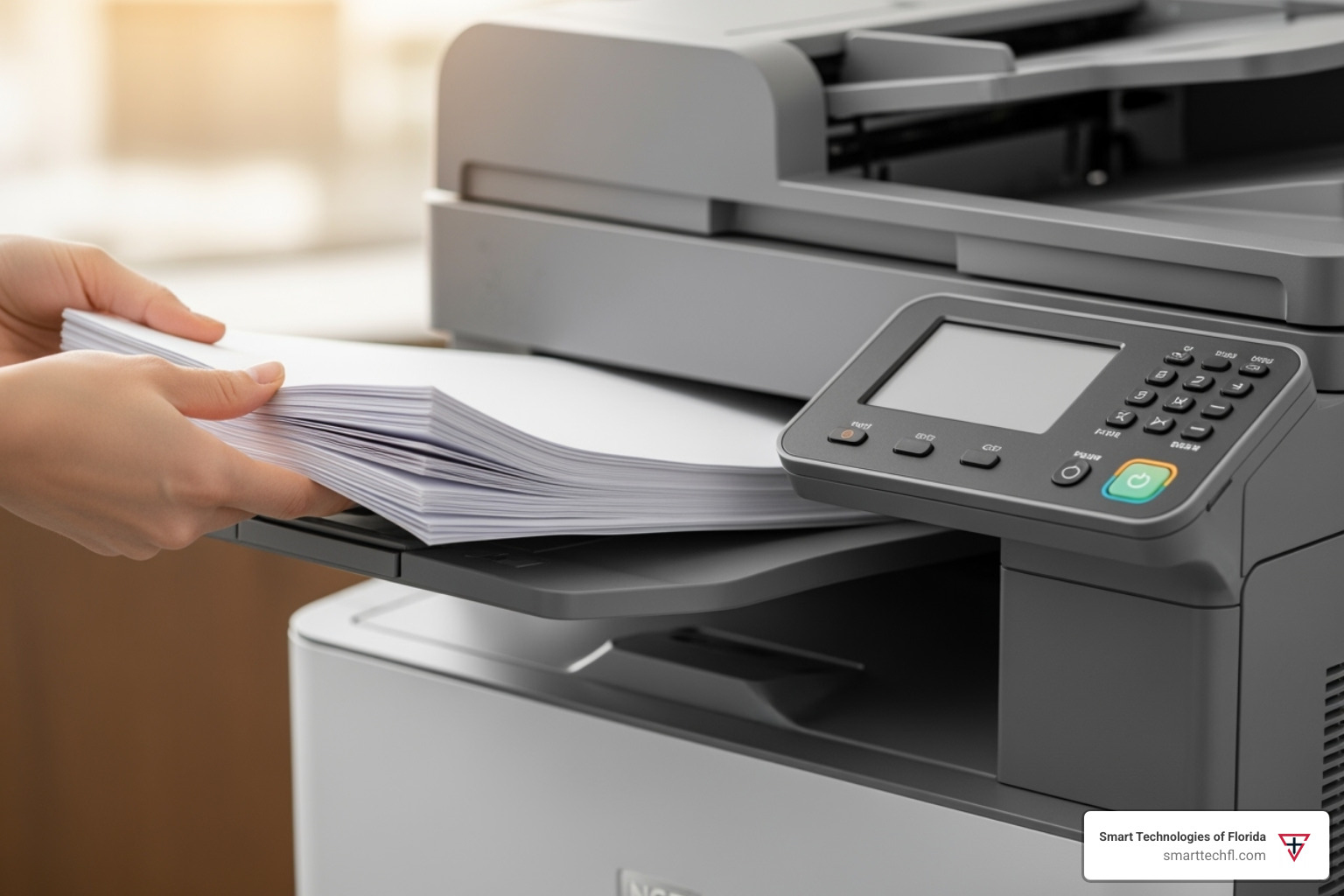 A user places a stack of papers into an Automatic Document Feeder (ADF) on a multifunction printer. - multifunction printers A user places a stack of papers into an Automatic Document Feeder (ADF) on a multifunction printer. - multifunction printers