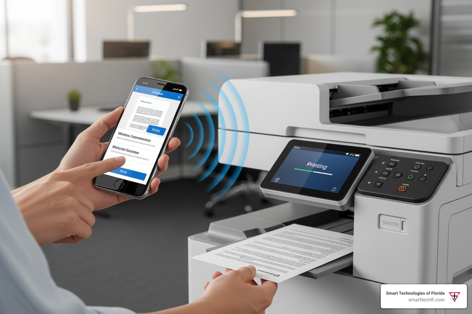 A person uses a smartphone to print a document wirelessly to a multifunction printer. - multifunction printers A person uses a smartphone to print a document wirelessly to a multifunction printer. - multifunction printers