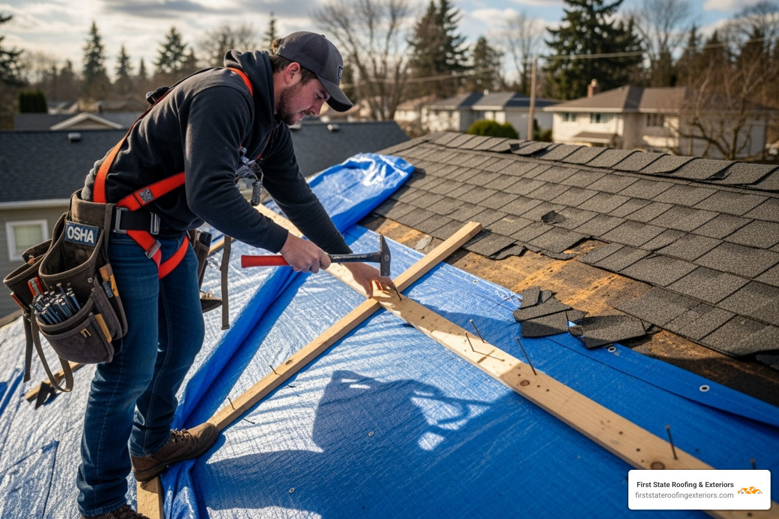 roofer securing tarp with wood battens - emergency tarping service