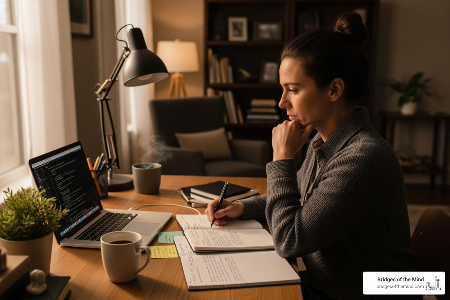 Adult working in a home office looking thoughtful - ADHD testing Sacramento