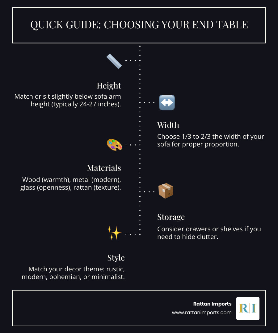 Infographic showing end table height guide with sofa arm measurements, width proportions (1/3 to 2/3 of sofa width), and material comparison chart featuring wood, metal, glass, and rattan options with their key benefits - end tables for living room infographic infographic-line-5-steps-dark