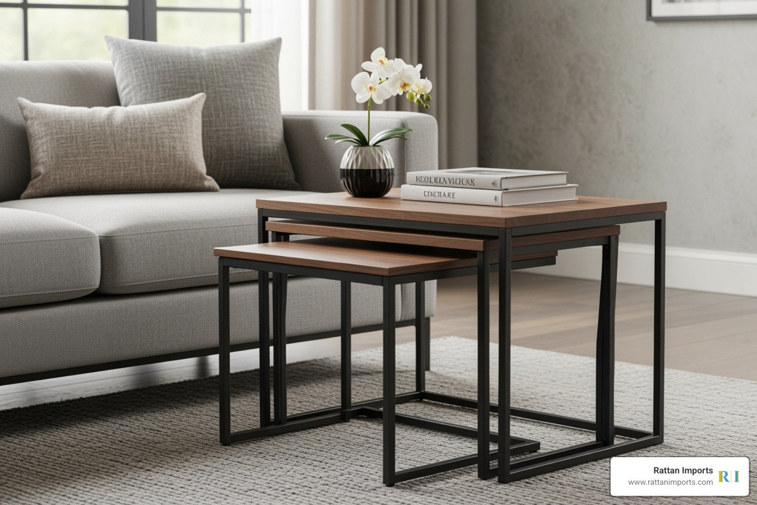 A set of neat nesting tables, one tucked neatly beneath the other, beside a modern sofa. - end tables for living room