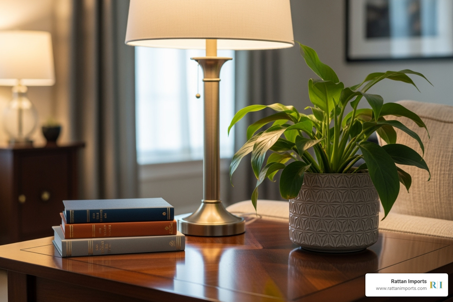 A beautifully styled end table featuring a tall, neat lamp, a vibrant green potted plant, and a neatly stacked collection of decorative books, all resting on a wooden surface. - end tables for living room
