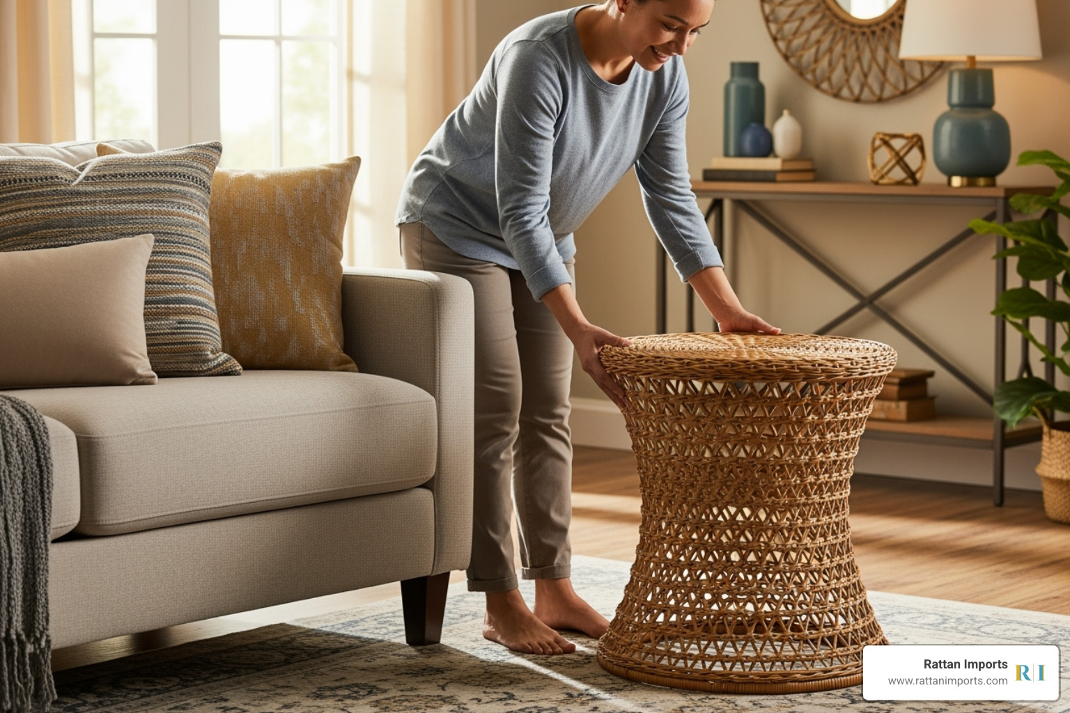 A happy customer smiling as they carefully place a new, beautifully crafted wicker end table next to their sofa, completing the look of their inviting living room. - end tables for living room