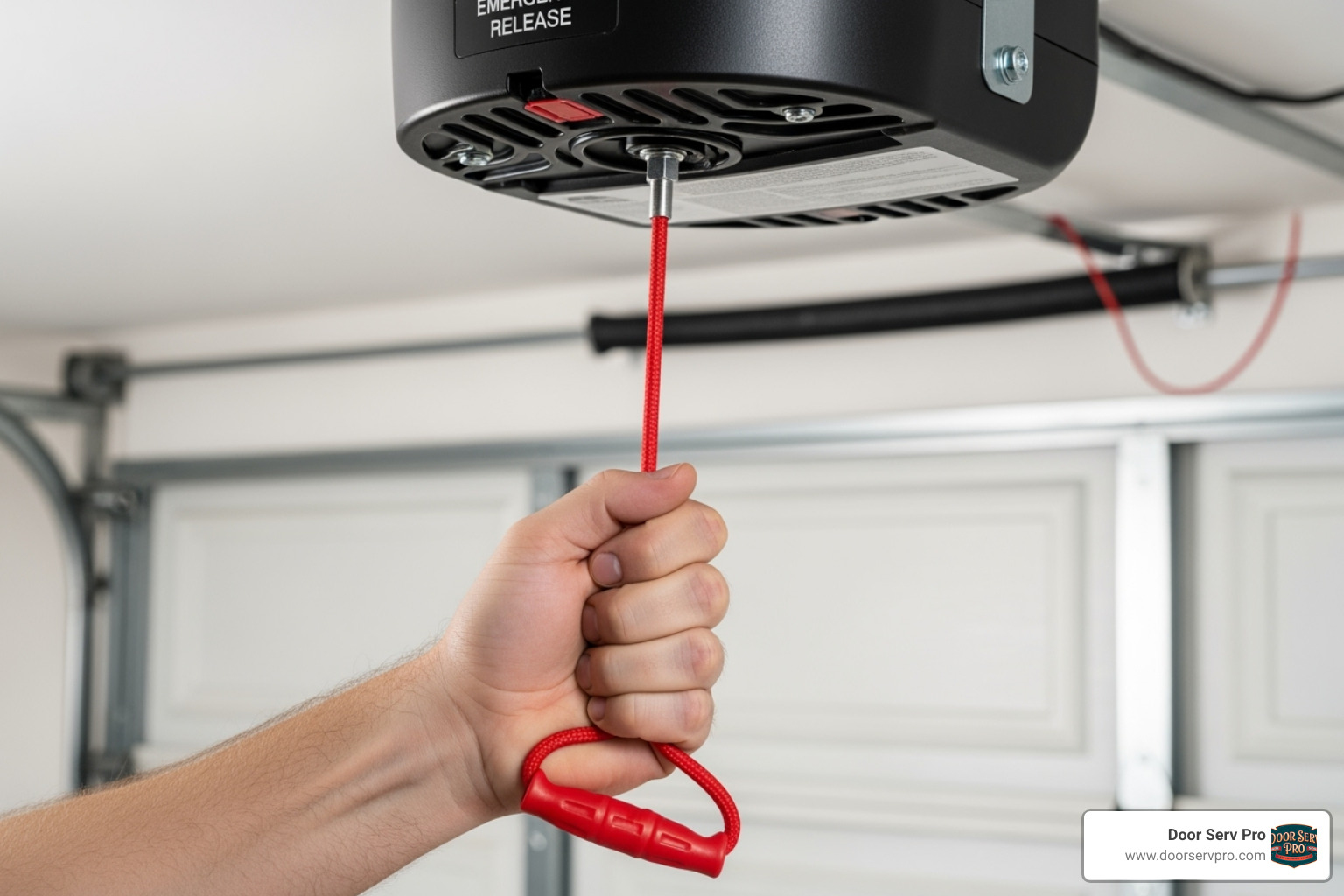 person pulling the red emergency release cord on a garage door opener - broken garage door spring