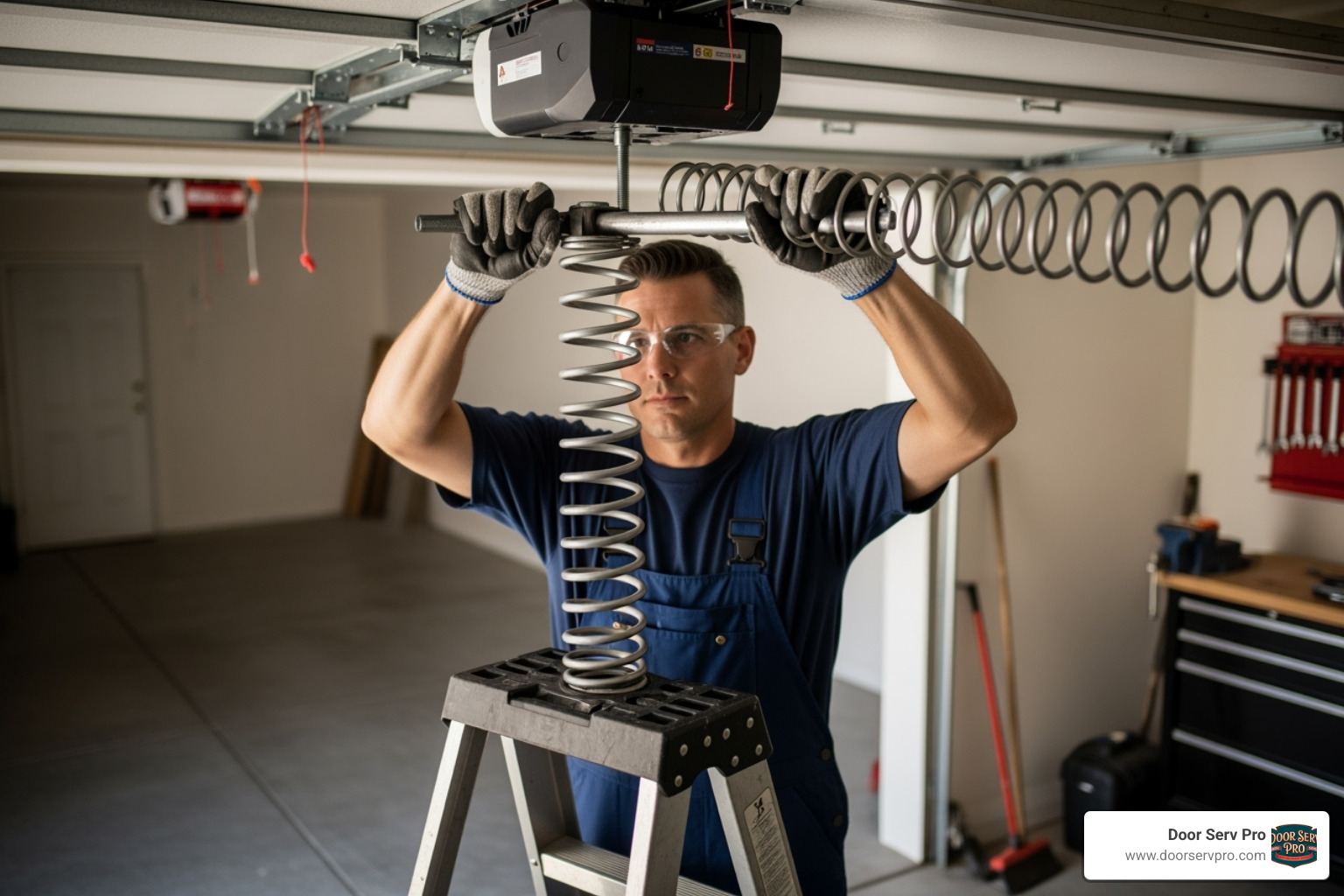 professional technician installing a new torsion spring - broken garage door spring