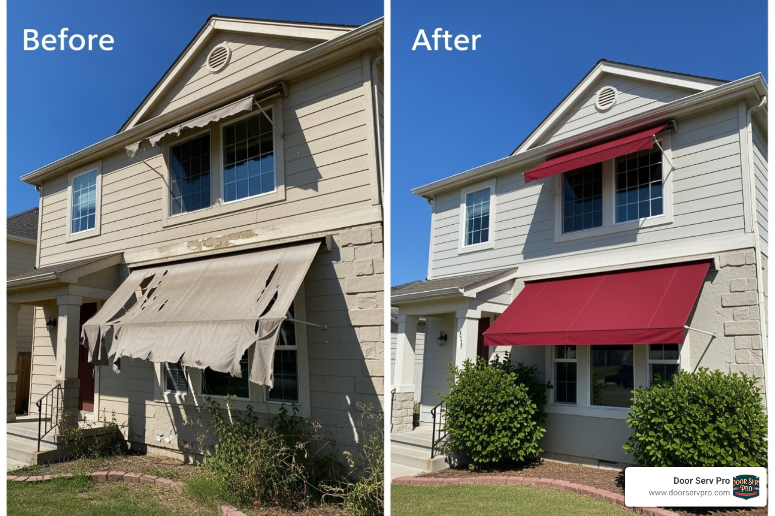 Before-and-after comparison showing a home with a dull, worn-out awning on the left, and the same home on the right with a vibrant, new awning that perfectly matches the house's aesthetic. - awning fabric replacement ashburn
