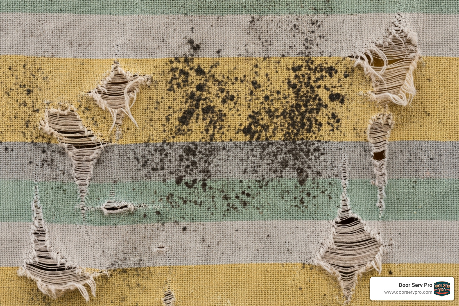 A detailed close-up of an old, faded awning fabric with visible tears and dark mildew stains, highlighting the common issues caused by weather exposure. - awning fabric replacement ashburn