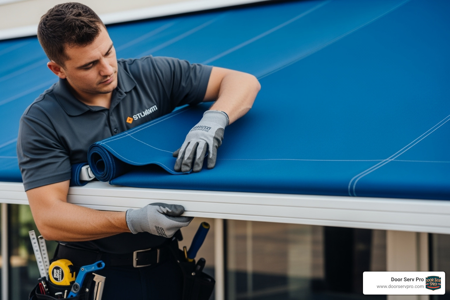 A professional technician carefully unrolling and attaching a new, vibrant blue awning fabric to an existing awning frame, demonstrating precision and expertise. - awning fabric replacement ashburn