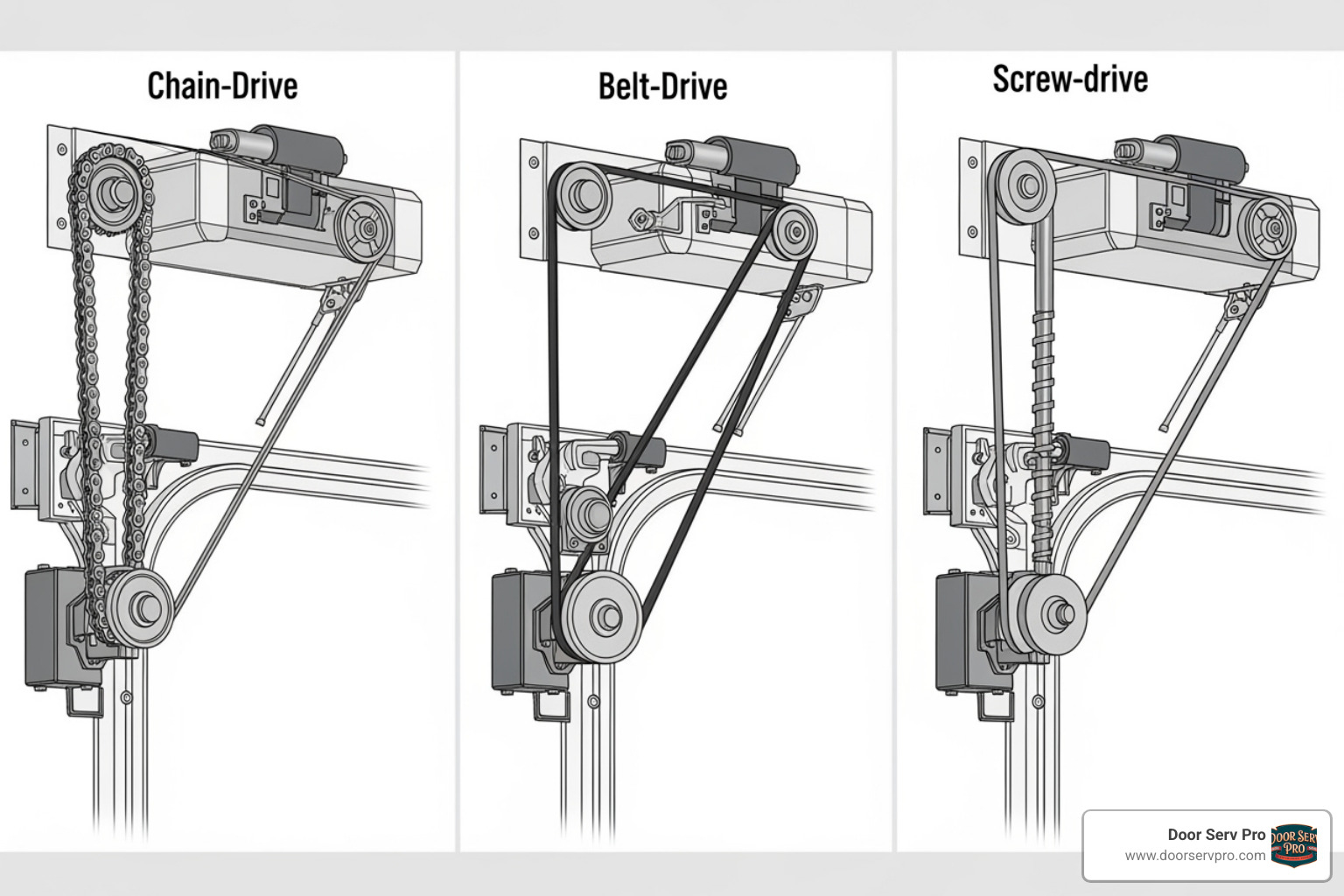 Diagram illustrating the different types of garage door openers: chain-drive, belt-drive, and screw-drive, highlighting their respective mechanisms - garage door opener repair Frederick