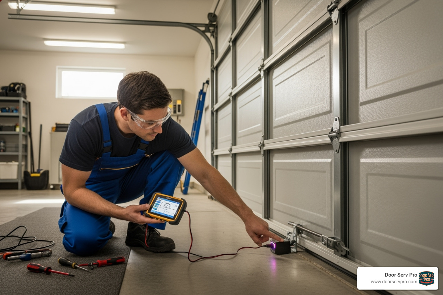 A technician inspecting safety sensors on a garage door - garage door opener repair Frederick