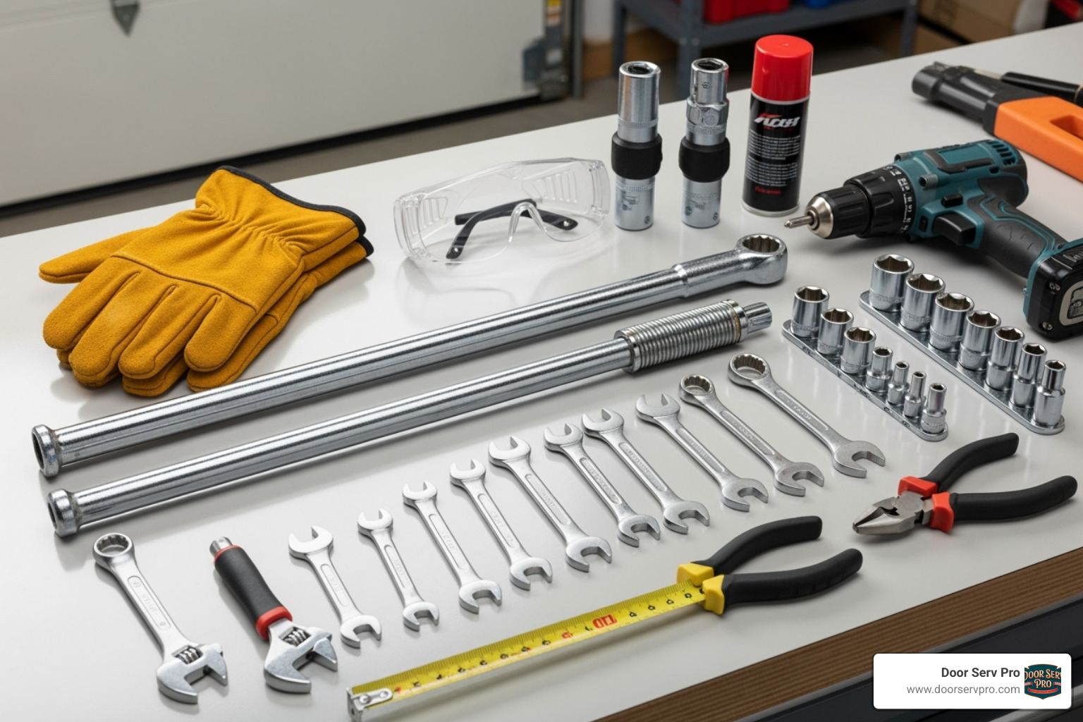 all necessary tools and safety gear laid out - garage door spring fix