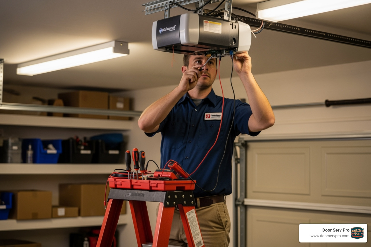 A professional technician carefully working on a garage door opener - garage door opener repair Frederick