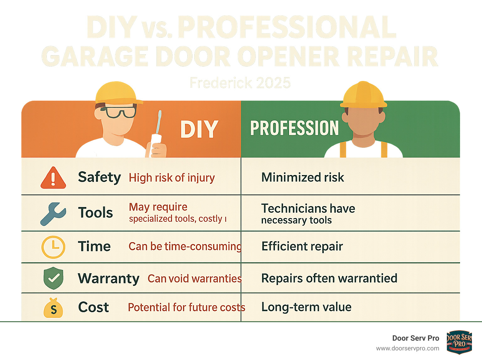 Infographic comparing the safety, tools, time, warranty, and potential costs of DIY versus professional garage door opener repair - garage door opener repair Frederick infographic 