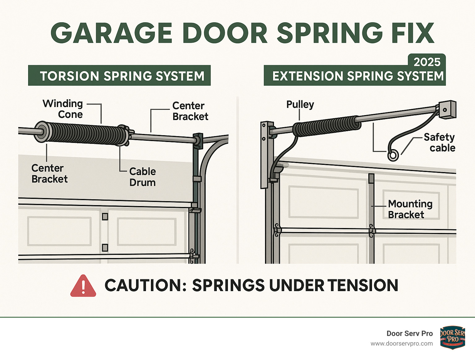 Comprehensive infographic showing the differences between torsion spring systems (mounted above garage door on a horizontal shaft) and extension spring systems (mounted along the horizontal tracks on either side), including their components like winding cones, center brackets, cable drums for torsion systems, and pulleys, safety cables, and mounting brackets for extension systems, with clear labels and safety warnings - garage door spring fix infographic 