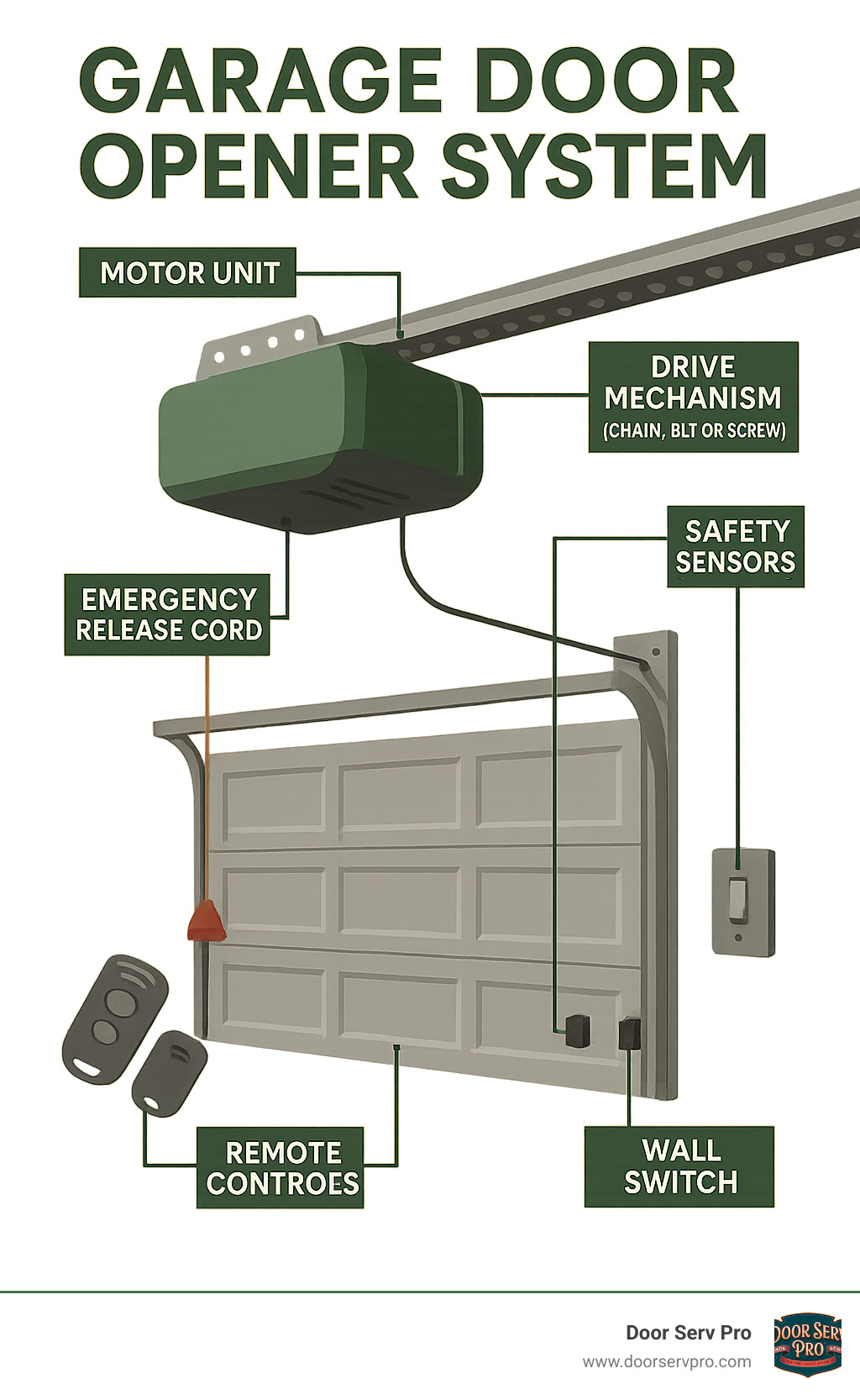 Comprehensive infographic showing garage door opener system components including motor unit, drive mechanism (chain, belt, or screw), safety sensors, remote controls, wall switch, and emergency release cord with labels and arrows indicating how each part functions together - garage door opener repair Frederick infographic 
