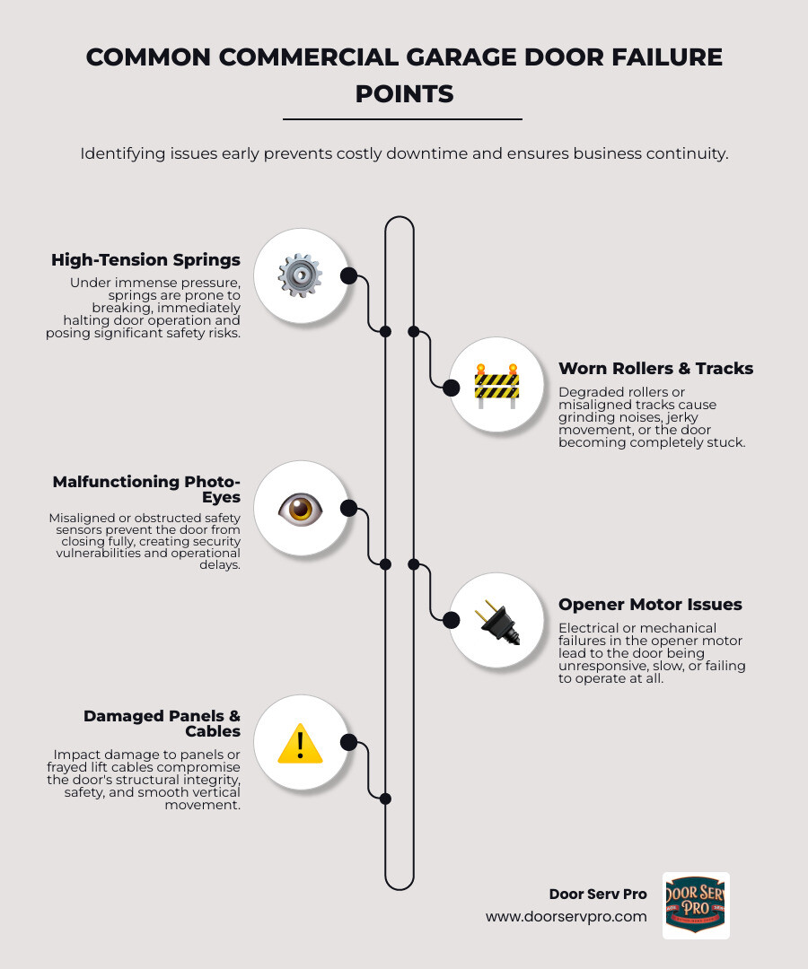 Infographic showing common commercial garage door failure points including springs under high tension, worn rollers and tracks, malfunctioning photo-eye sensors, damaged panels from impact, opener motor issues, and frayed cables - garage door repair company infographic infographic-line-5-steps-neat_beige