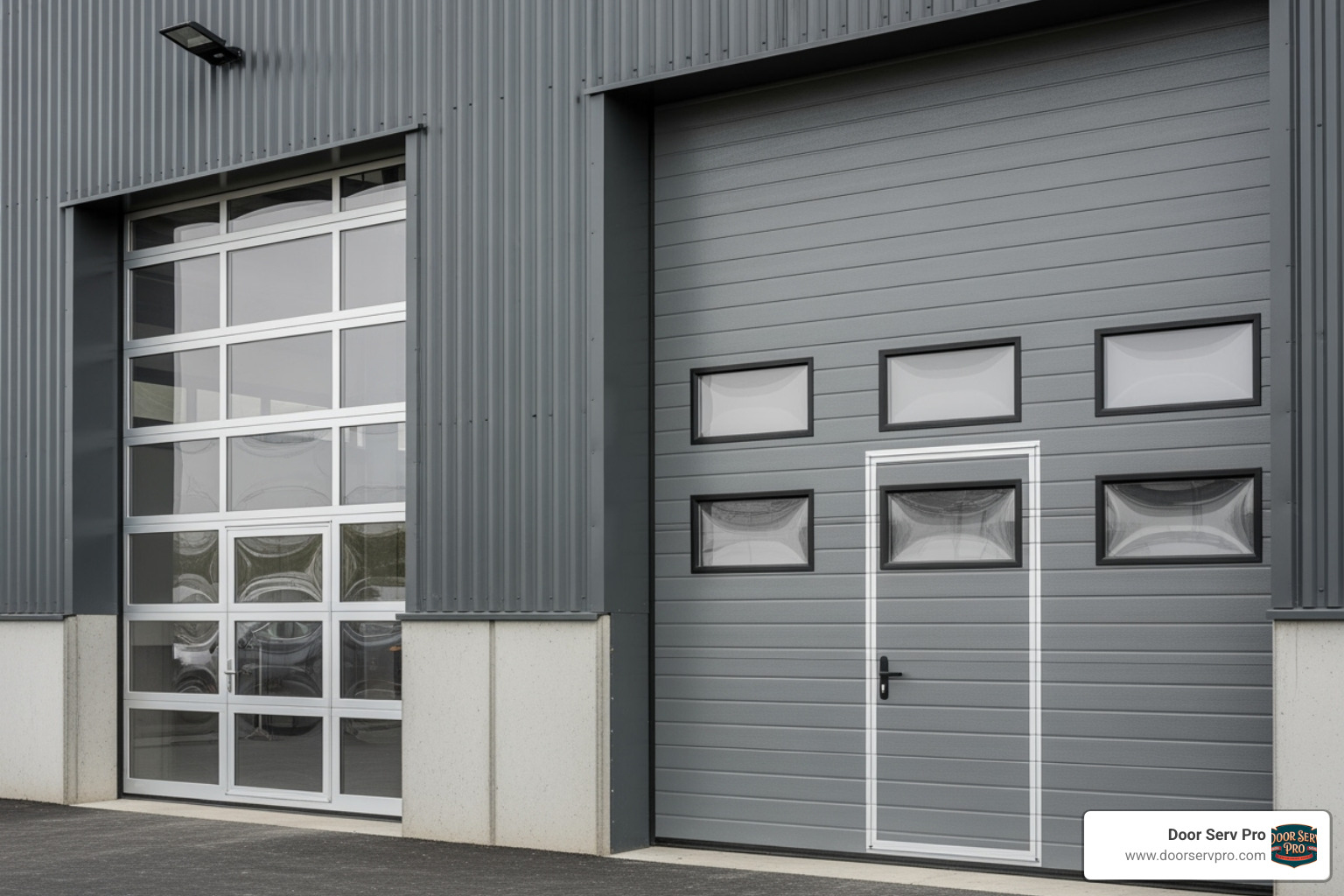 Two different styles of commercial garage doors side-by-side - garage door repair company