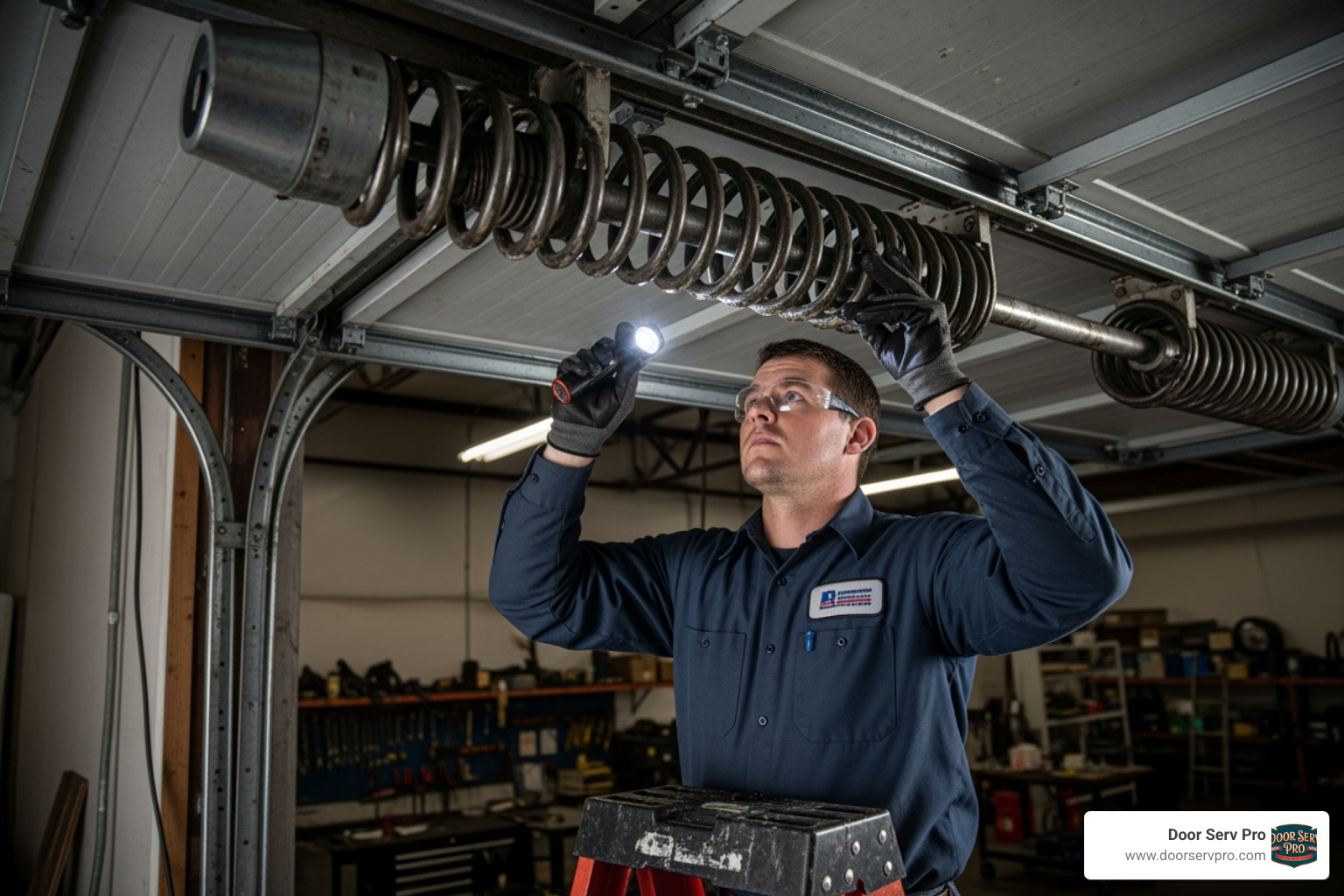 Technician inspecting a garage door spring - garage door repair company