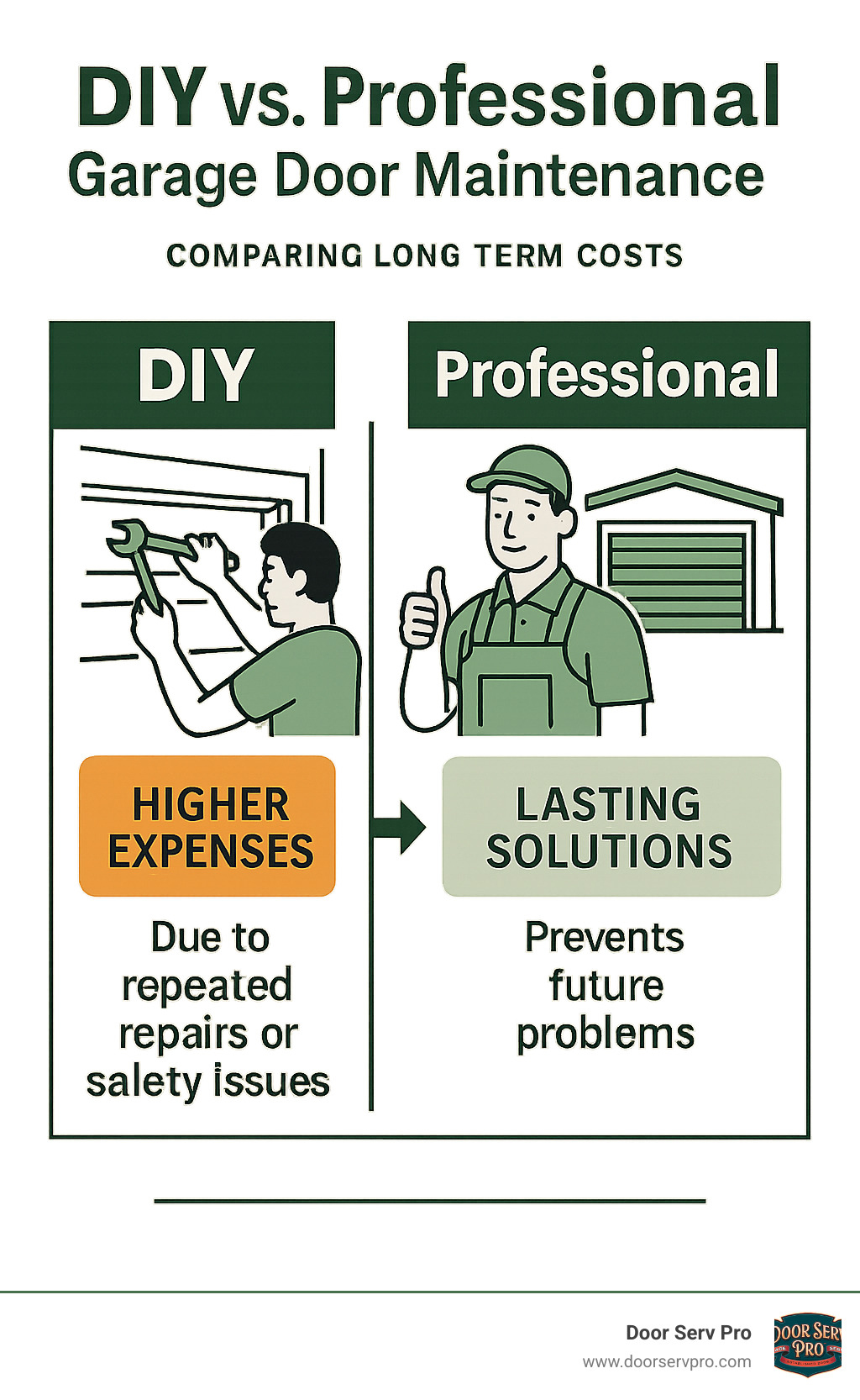 Infographic comparing long-term costs of DIY vs. professional garage door maintenance, showing how DIY attempts can lead to higher expenses due to repeated repairs or safety issues, while professional service provides lasting solutions and prevents future problems - garage door repair Ashburn infographic 
