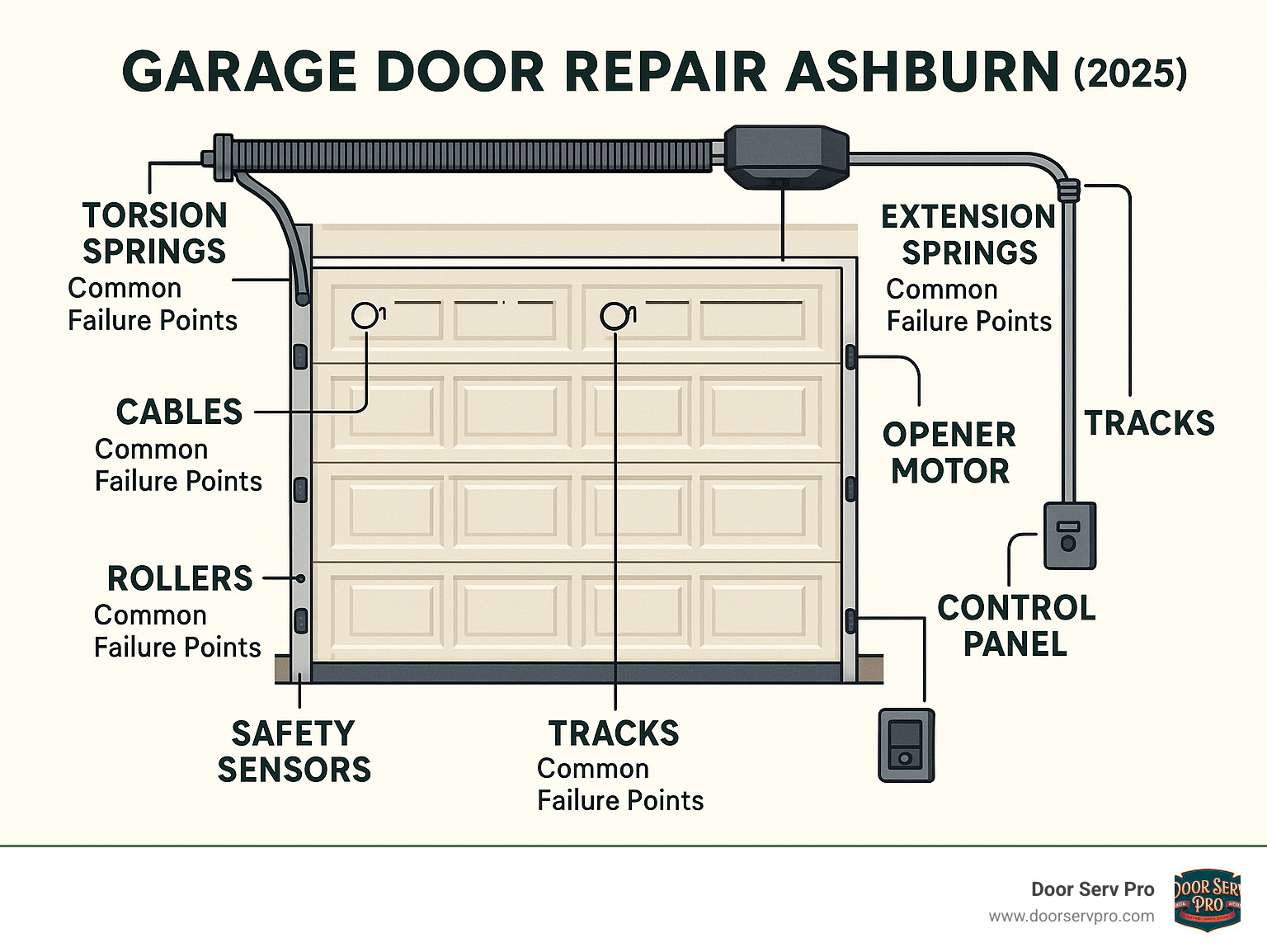 Comprehensive infographic showing garage door system components including torsion springs, extension springs, cables, rollers, tracks, opener motor, safety sensors, and control panels with labels identifying each part and common failure points - garage door repair Ashburn infographic 
