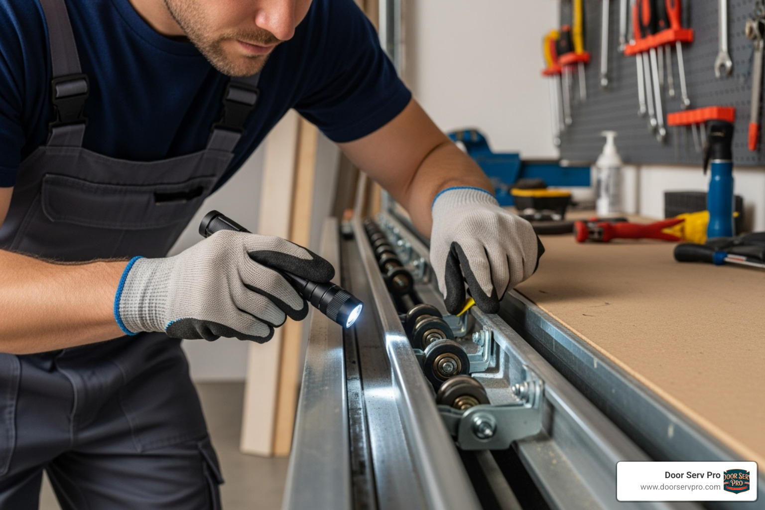 a technician safely inspecting garage door tracks - garage door repair Ashburn
