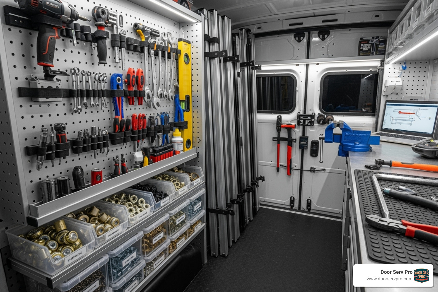 a well-organized service van with tools and parts - garage door repair Ashburn
