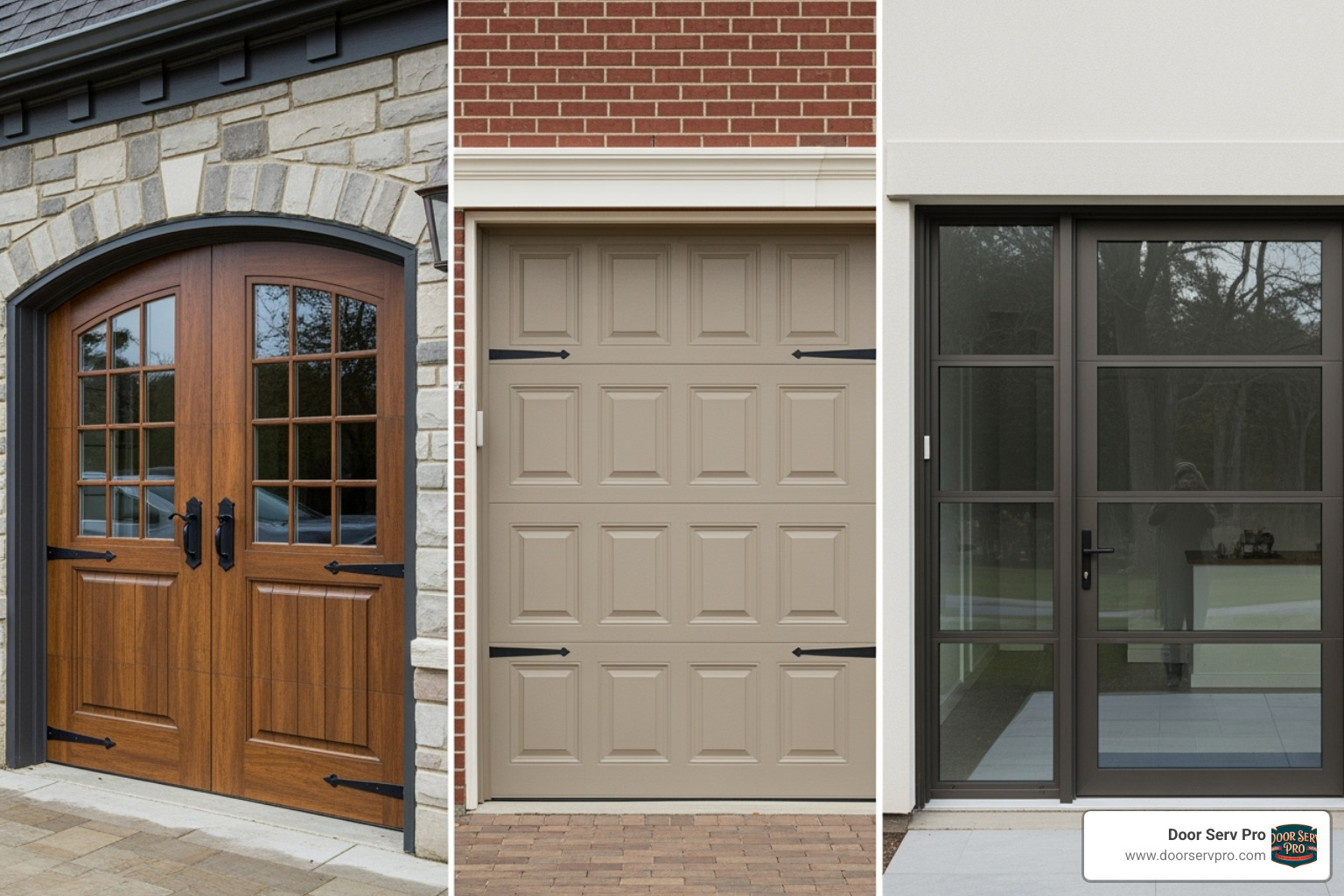 A gallery showcasing different garage door styles including carriage house, traditional raised-panel, and modern full-view glass doors - garage doors in virginia