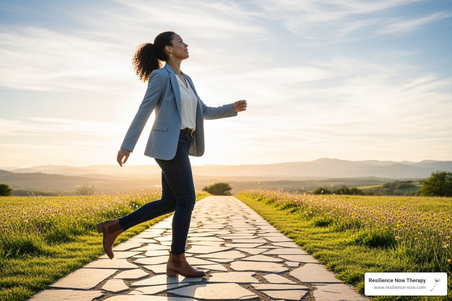 woman confidently stepping onto a new path - Accelerated resolution therapy