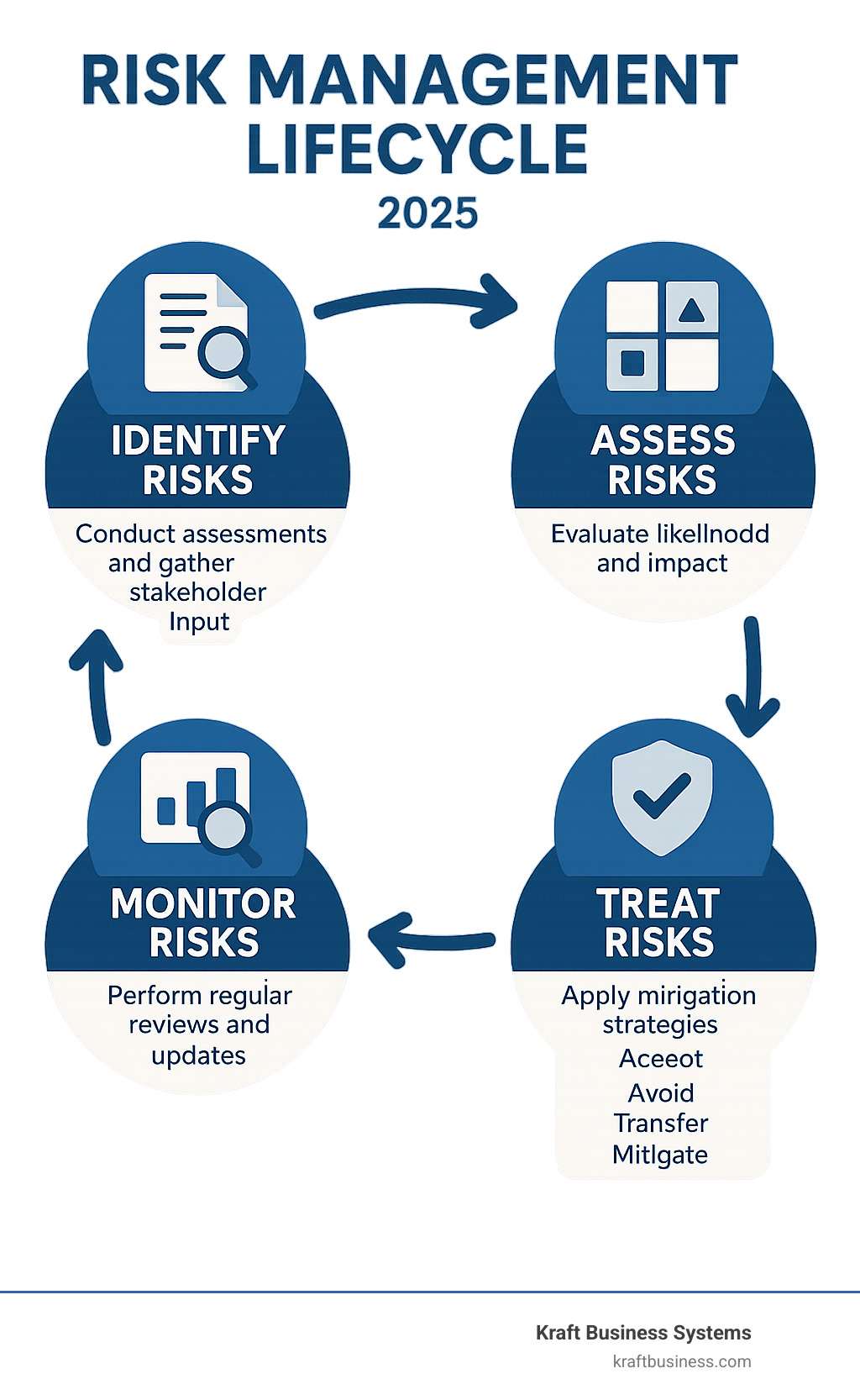 Comprehensive infographic showing the risk management lifecycle with five interconnected stages: Identify risks through assessments and stakeholder input, Assess likelihood and impact using standardized scales, Treat risks with mitigation strategies like accept/avoid/transfer/mitigate, Monitor progress through regular reviews and updates, and Report findings to stakeholders and leadership, with arrows showing the continuous cycle - grc risk register infographic 