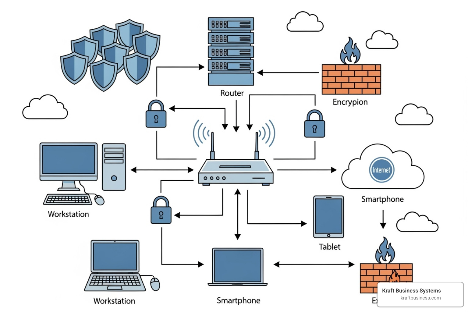Network diagram with various security icons - IT security solutions for businesses