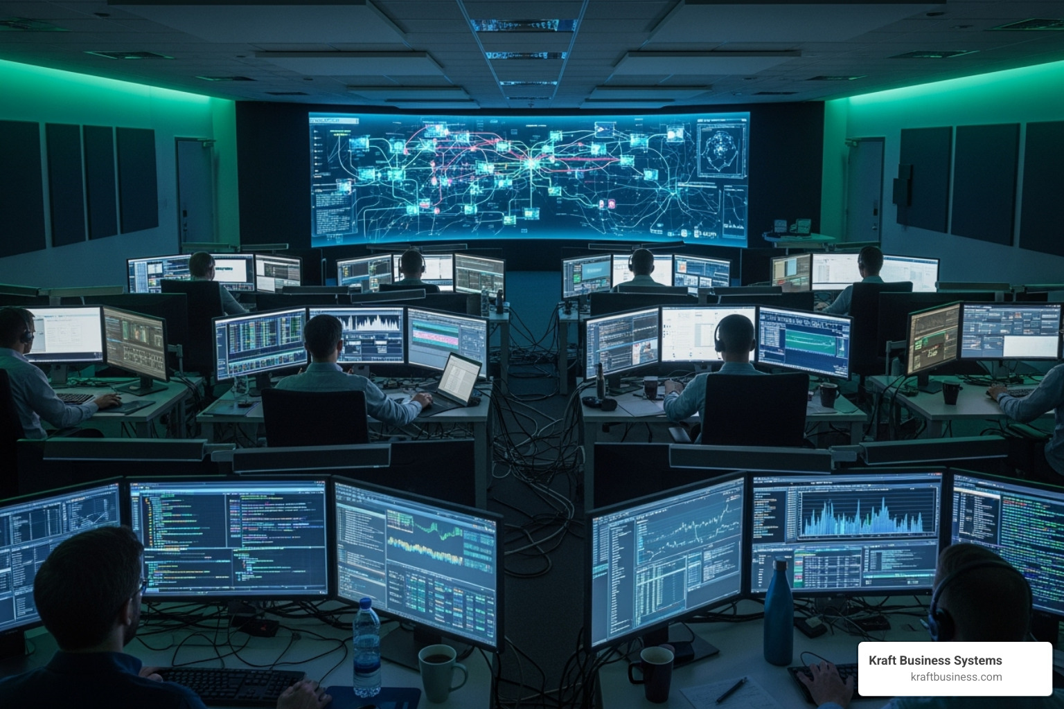 Security Operations Center (SOC) with analysts monitoring multiple screens - IT security solutions for businesses