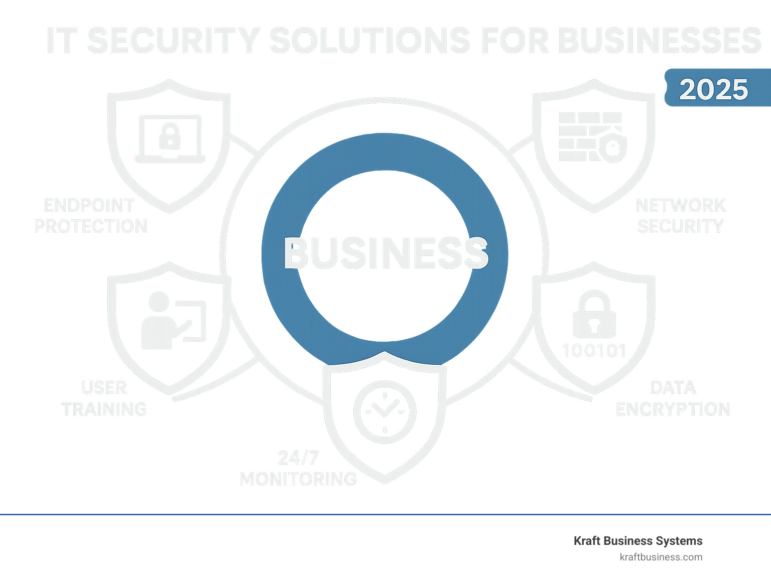 Comprehensive IT security framework showing layered defense strategy with endpoint protection, network security, data encryption, user training, and 24/7 monitoring components interconnected around a central business core - IT security solutions for businesses infographic 
