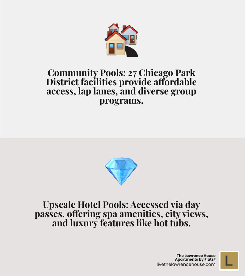 Comprehensive breakdown of Chicago indoor pool types showing community facilities with lap lanes and group programs versus upscale private facilities with spa amenities, day pass access, and luxury features like skyline views and heated pools - chicago indoor pools infographic 2_facts_emoji_grey