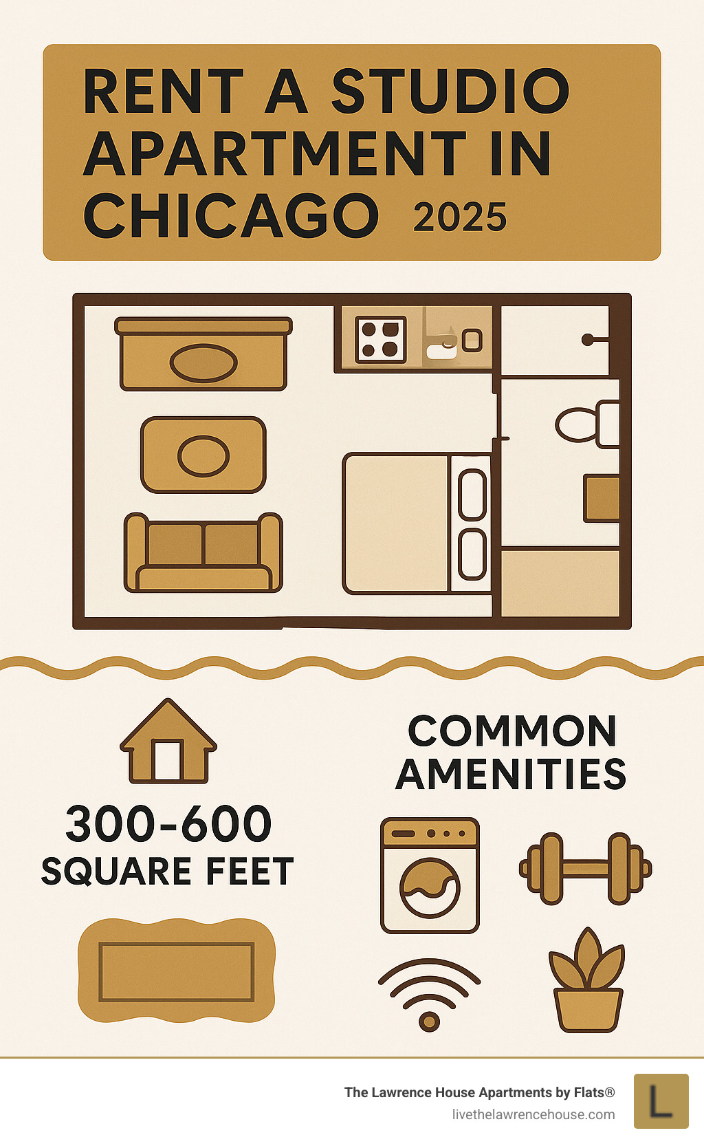 Infographic showing studio apartment layout with combined living/sleeping area, separate kitchenette along one wall, and private bathroom, plus typical square footage ranges and common amenities - rent a studio apartment in chicago infographic Infographic showing studio apartment layout with combined living/sleeping area, separate kitchenette along one wall, and private bathroom, plus typical square footage ranges and common amenities - rent a studio apartment in chicago infographic
