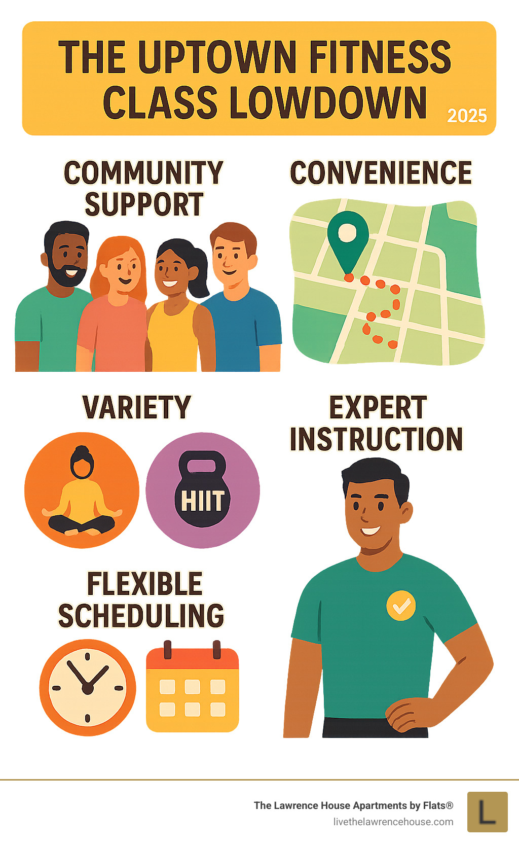 Detailed infographic showing the key benefits of uptown fitness classes including community support with diverse group of people, convenience with map showing walkable locations, variety with icons of different class types like yoga and HIIT, professional instruction with certified trainer icon, and flexible scheduling with clock and calendar symbols - uptown fitness classes infographic 