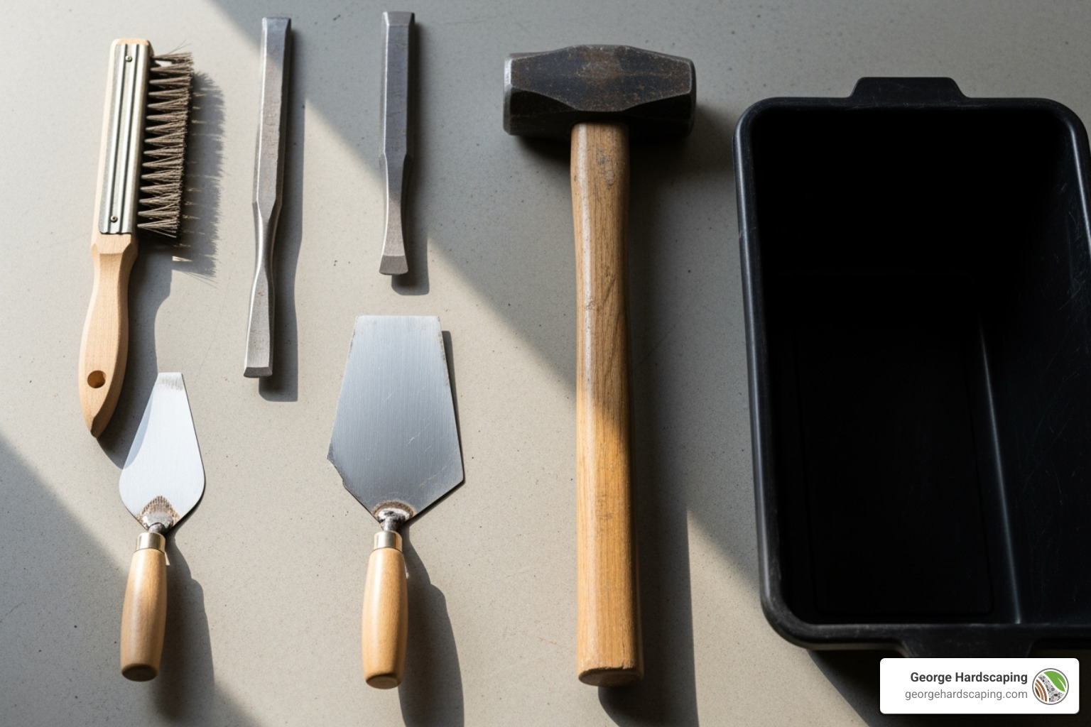 Tools and safety equipment needed for cinder block retaining wall repair Essential masonry tools laid out on a workbench: cold chisel, club hammer, pointing trowel, masonry trowel, mixing tub, level, mortar bag, wire brush, angle grinder, and rubber mallet