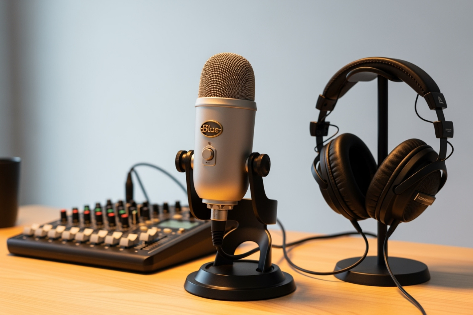 A professional setup for podcasting featuring a Blue Yeti microphone, high-quality headphones, and a sound mixer, symbolizing the audio excellence of the Geekzilla Podcast - geekzilla tio geek