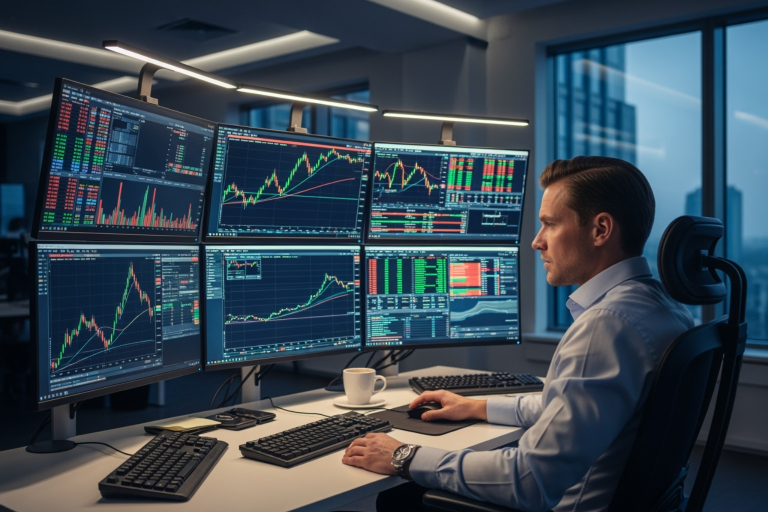 Trader looking at multiple screens with charts - profitable intraday trading advice 66unblockedgames.com