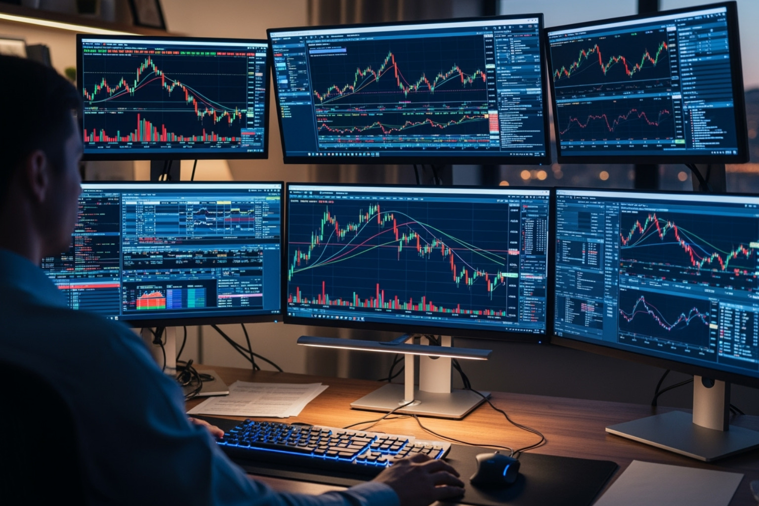 Trader with multiple monitors showing stock charts and data feeds - profitable intraday trading advice 66unblockedgames.com