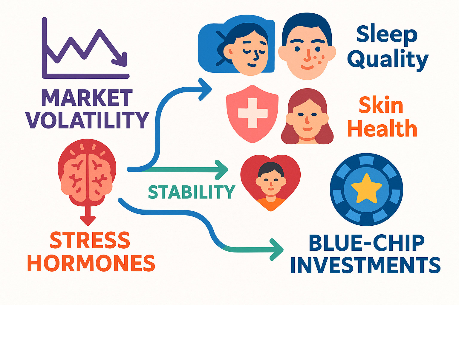 Infographic showing how financial market volatility creates stress hormones that affect sleep quality, skin health, immune system, and overall well-being, with blue-chip investments providing stability to reduce these negative health impacts - 5starsstocks.com blue chip infographic 