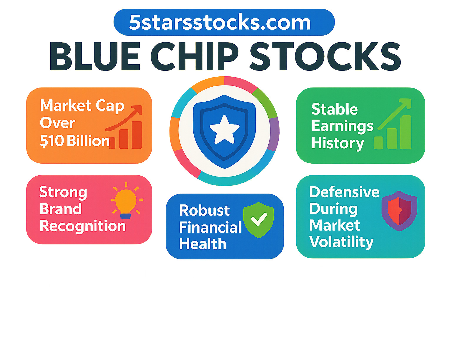 Infographic showing blue chip stock characteristics: market cap over $10 billion, stable earnings history, consistent dividend payments, strong brand recognition, robust financial health, and defensive nature during market volatility - 5starsstocks.com blue chip infographic 
