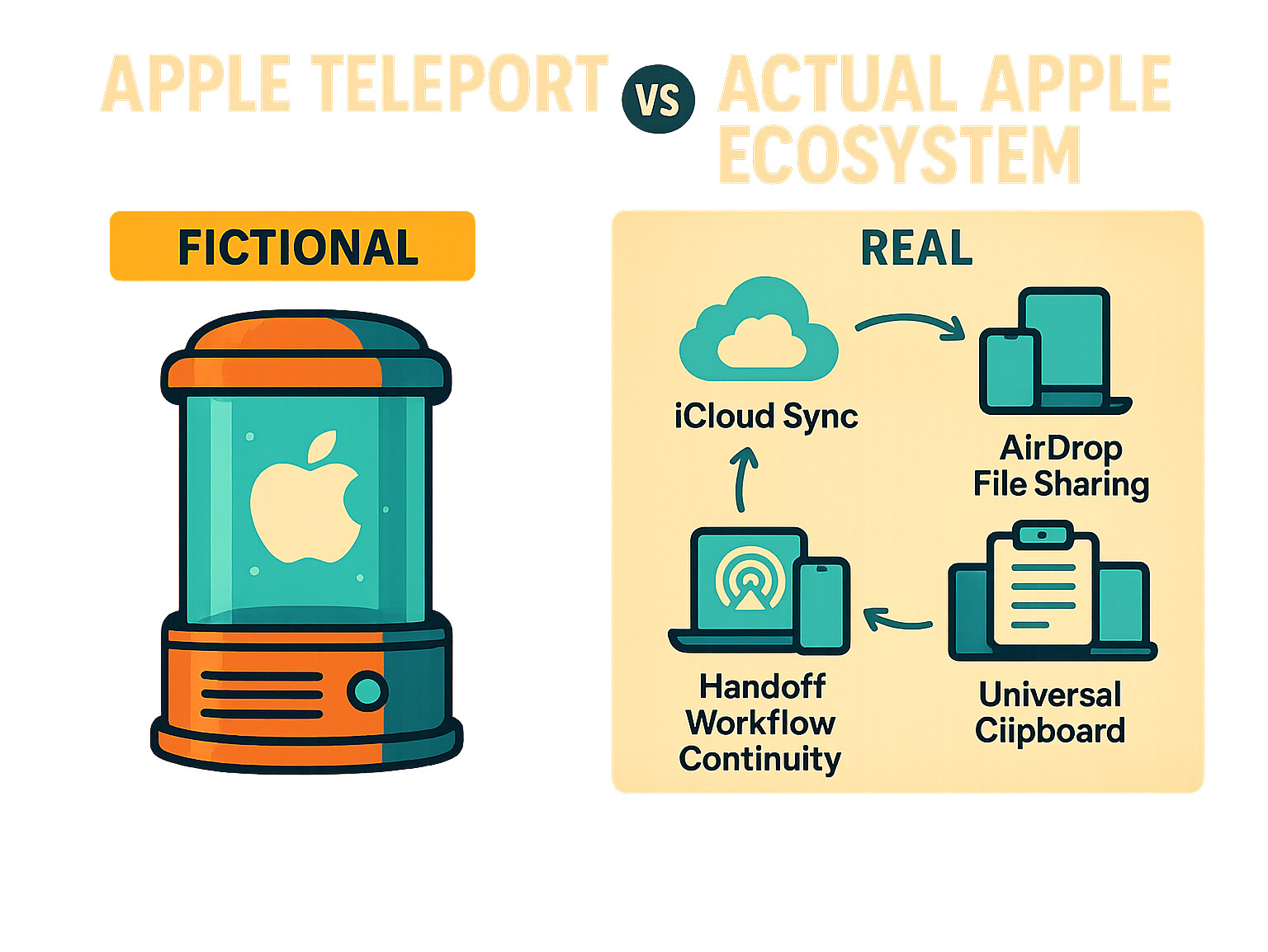 Infographic comparing fictional Apple Teleport machine with real Apple ecosystem features including iCloud sync, AirDrop file sharing, Handoff workflow continuity, and Universal Clipboard, showing how actual Apple technologies enable seamless data transfer across devices - apple teleport infographic Infographic comparing fictional Apple Teleport machine with real Apple ecosystem features including iCloud sync, AirDrop file sharing, Handoff workflow continuity, and Universal Clipboard, showing how actual Apple technologies enable seamless data transfer across devices - apple teleport infographic